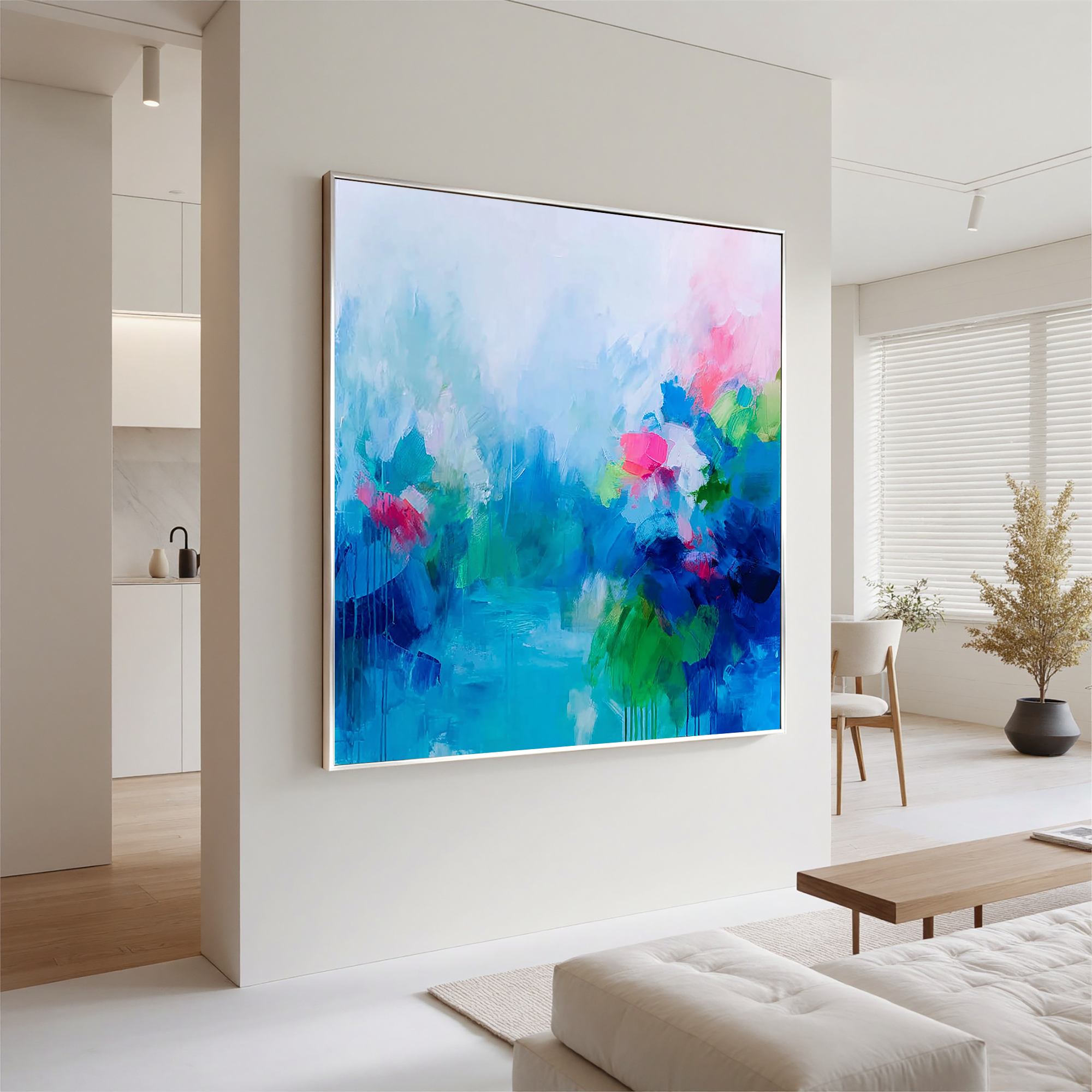 Abstract Blue Floral Oil Painting Canvas – Soft Misty Flower Wall Art for Living Room Modern Home Decor#OA 0493