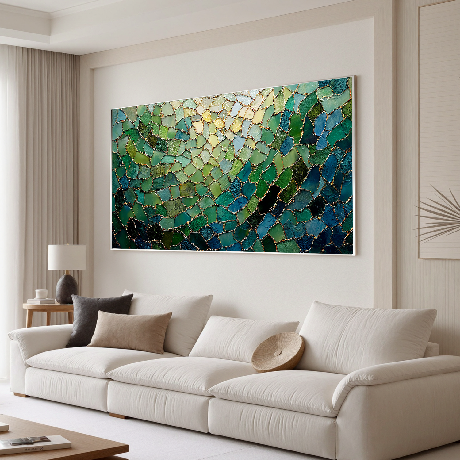 Green Abstract Mosaic Wall Art – Modern Emerald and Gold Textured Canvas Painting for Living Room Decor #OA 0818