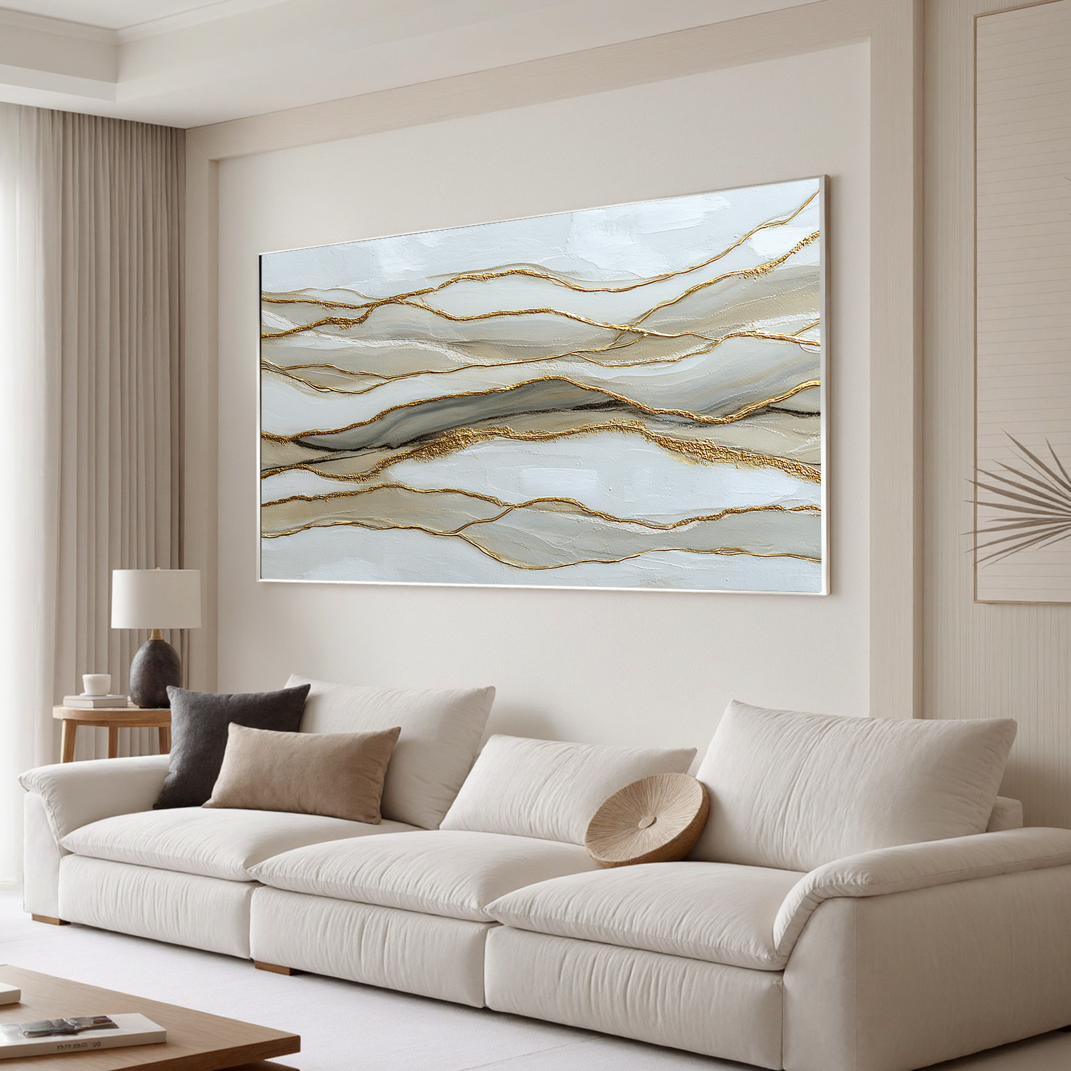 Large Horizontal Abstract Canvas Wall Art – Neutral Beige White and Gold Textured Painting for Modern Living Room Decor#OA 0870