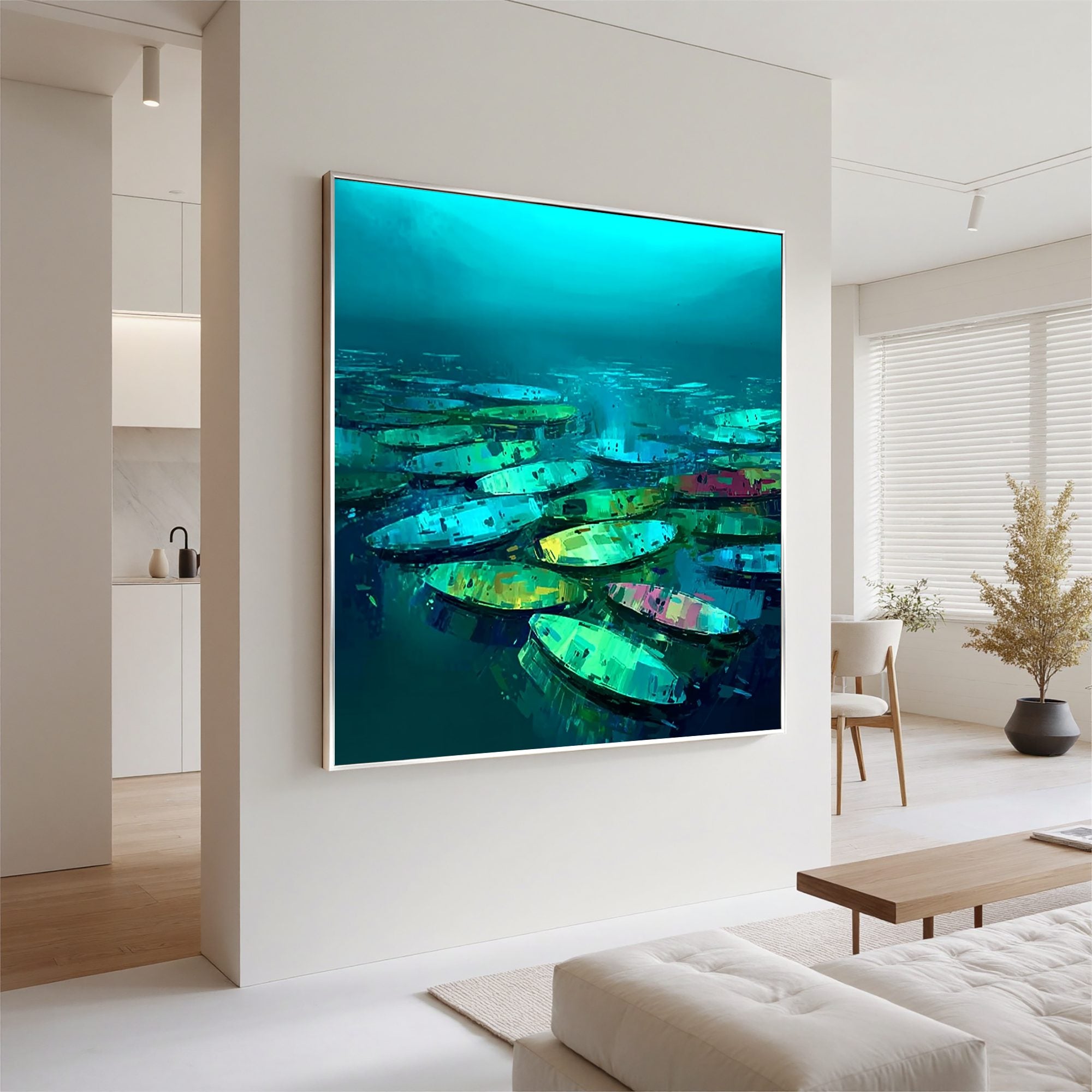 Modern Abstract Boat Painting on Water | Blue Green Lake Boat Wall Art | Large Hand Painted Contemporary Canvas Artwork#OA 0429