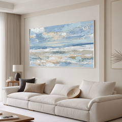 Large Coastal Seascape Canvas Wall Art – Blue Ocean Waves & Sky Painting for Modern Living Room Decor#OA 0843
