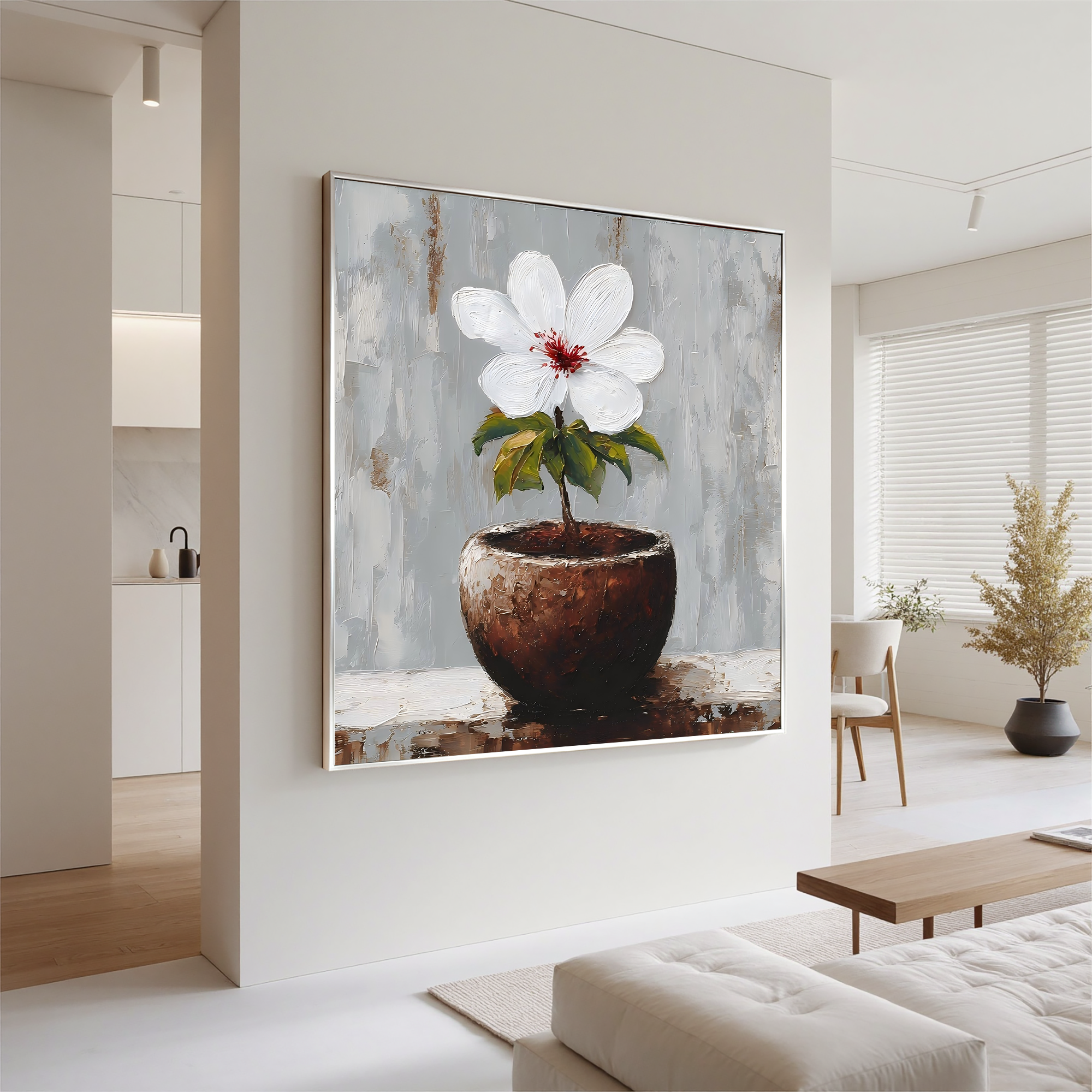 Minimalist White Flower Canvas Wall Art – Elegant Potted Plant Painting for Modern Home Decor#OA 0852