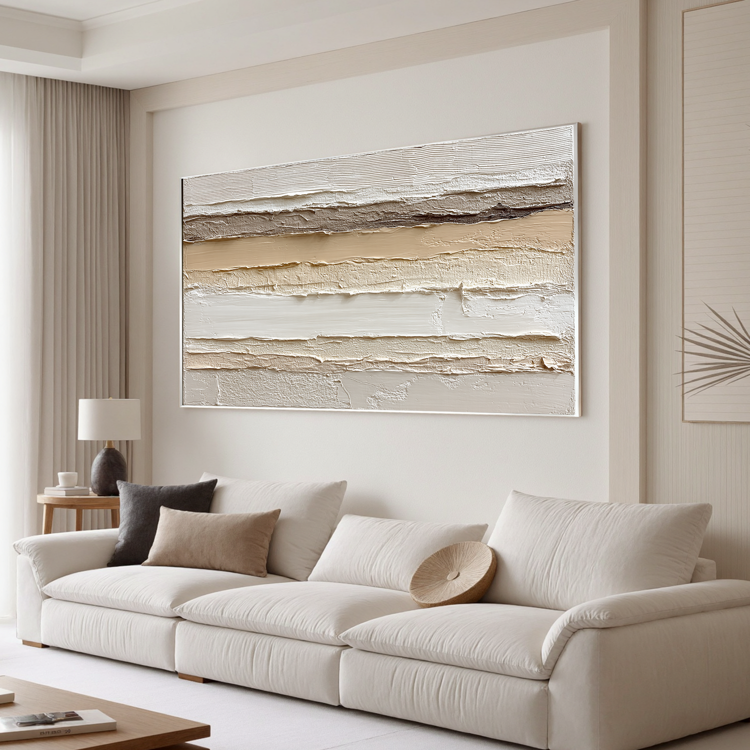 Large Horizontal Neutral Textured Wall Art – Beige Minimalist Abstract Canvas for Modern Living Room Decor#OA 0823