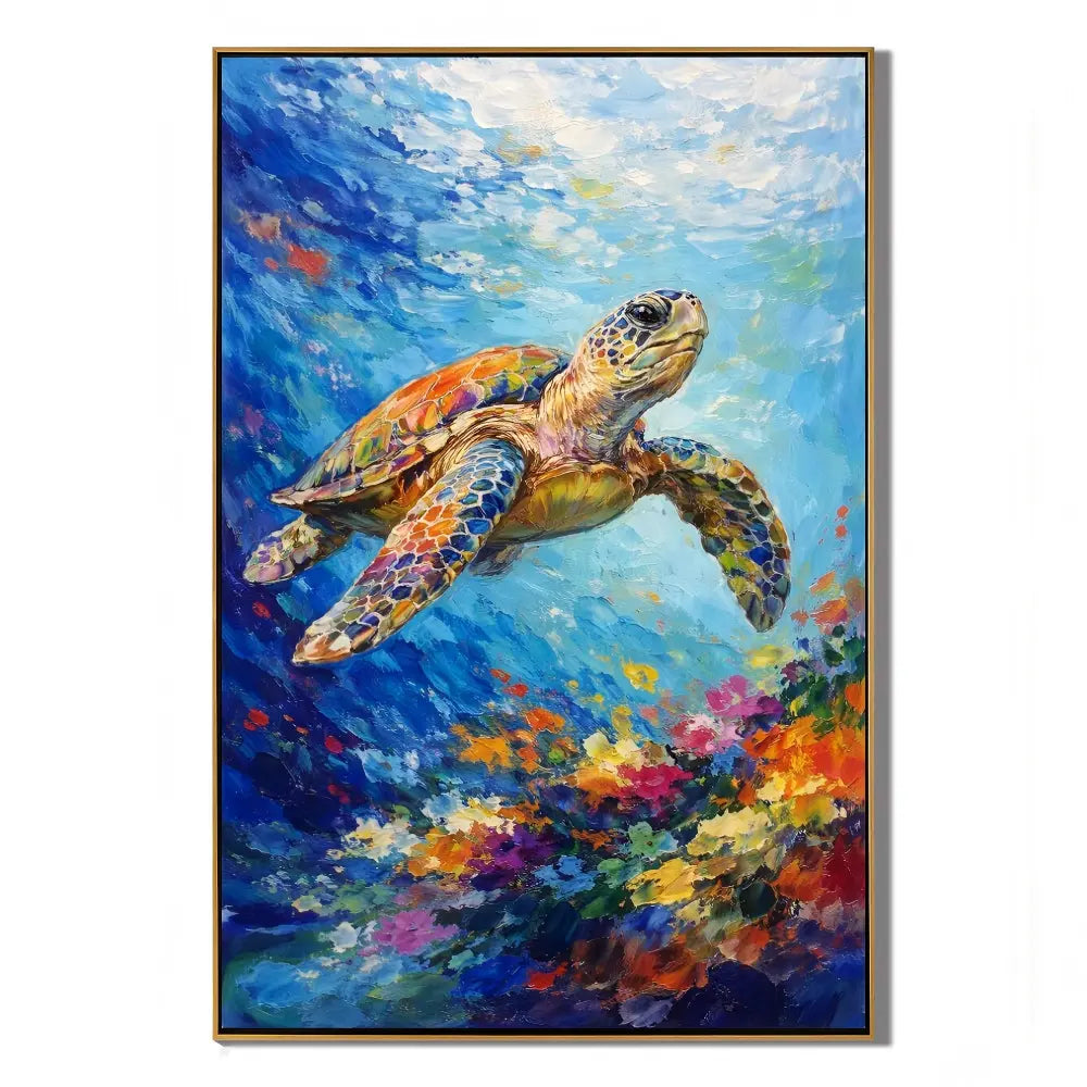 Large Colorful Sea Turtle Ocean Wall Art – Modern Underwater Marine Life Canvas Painting