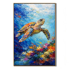 Large Colorful Sea Turtle Ocean Wall Art – Modern Underwater Marine Life Canvas Painting