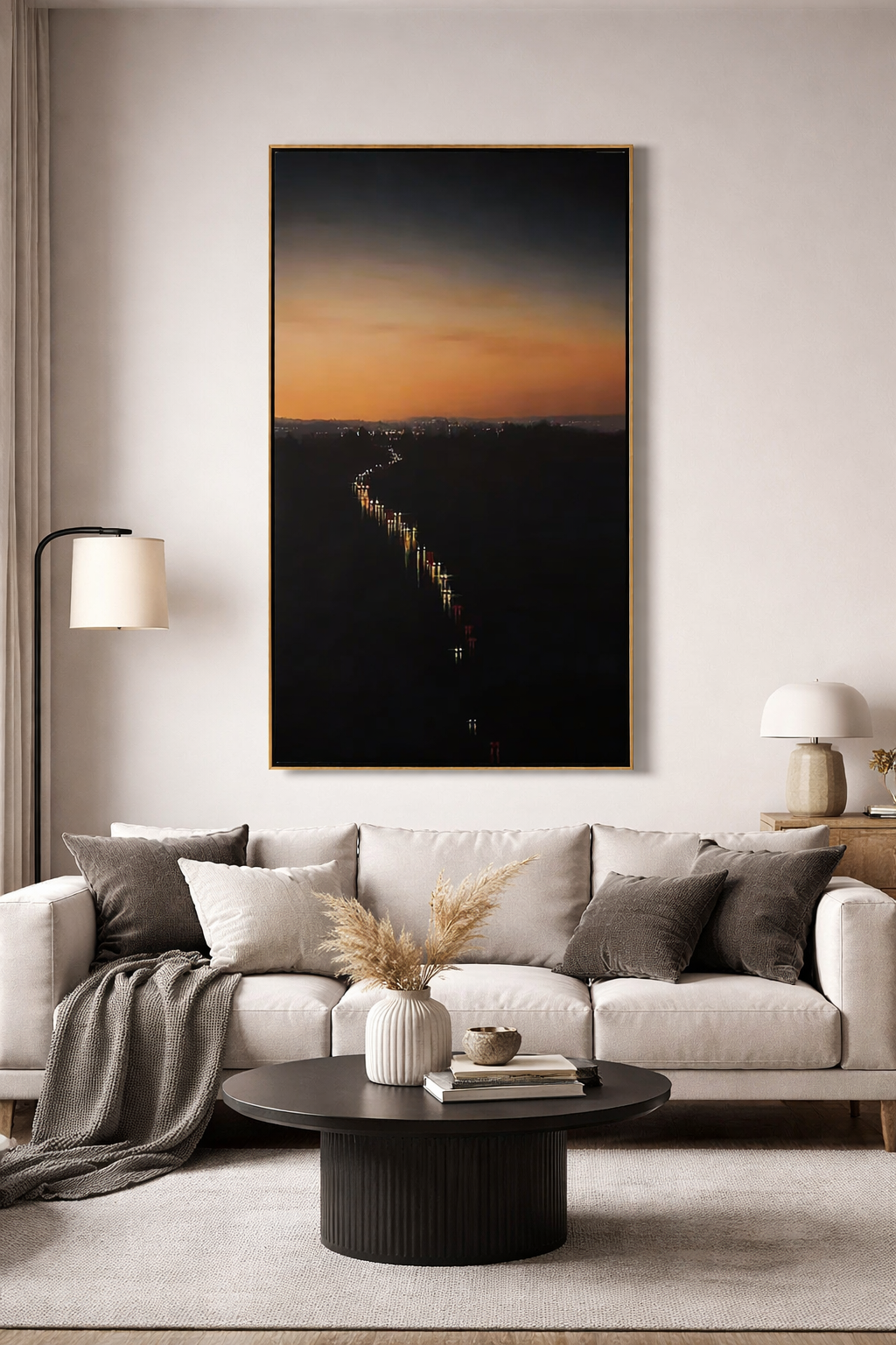 Sunset Cityscape Wall Art, Vertical Twilight Skyline Canvas with Winding Highway Lights for Modern Living Room Decor #OA 0727