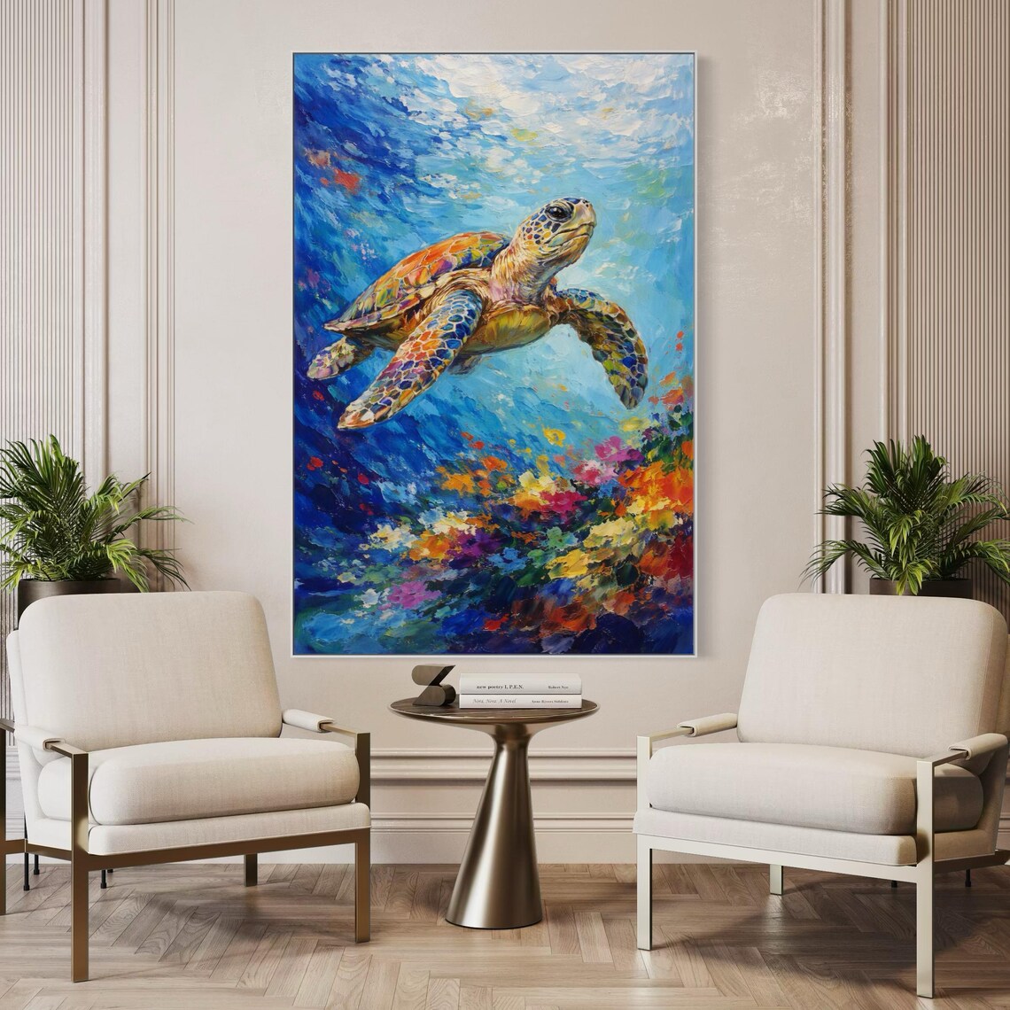 Large Colorful Sea Turtle Ocean Wall Art – Modern Underwater Marine Life Canvas Painting