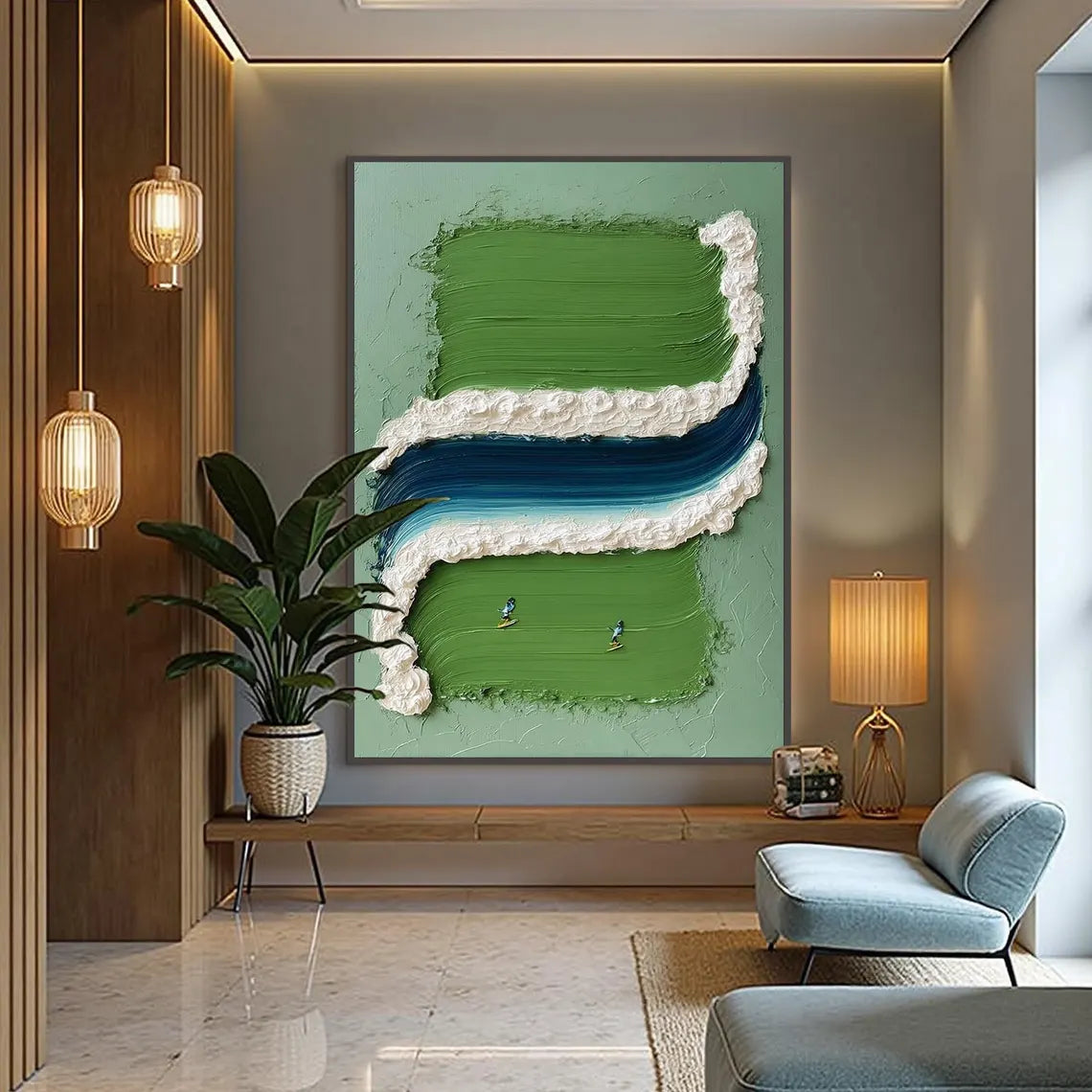 Large Green Abstract River Wall Art – Modern Textured Landscape Canvas Painting for Living Room Decor