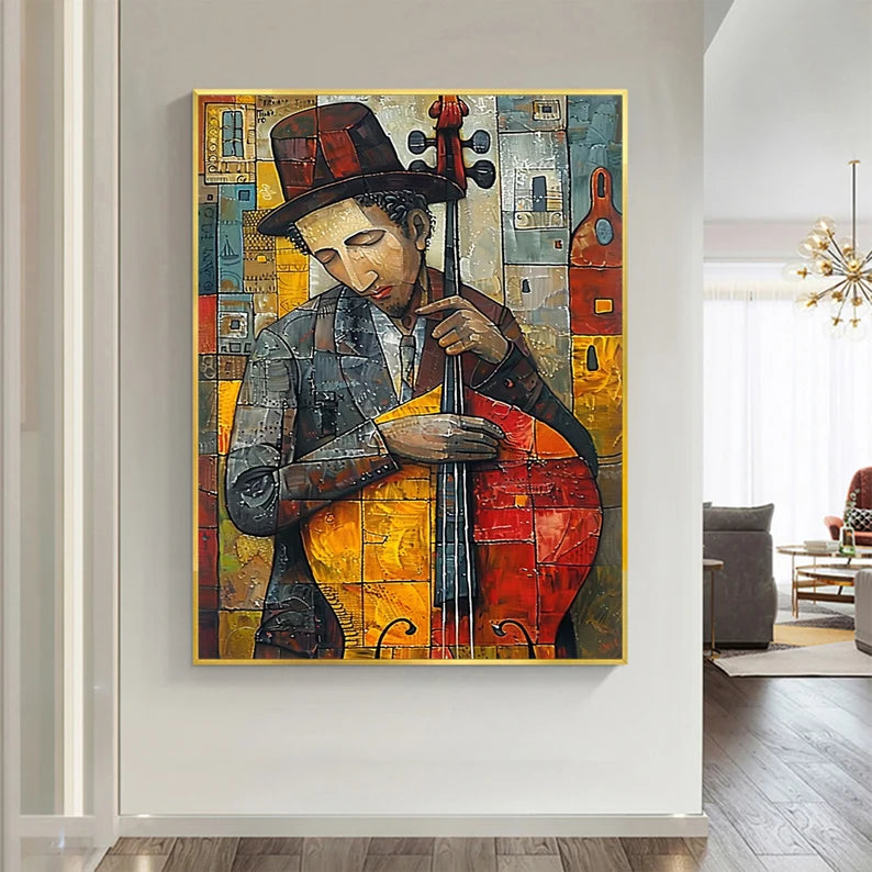 Abstract Jazz Musician Wall Art – Colorful Cellist Canvas Painting for Modern Living Room Decor