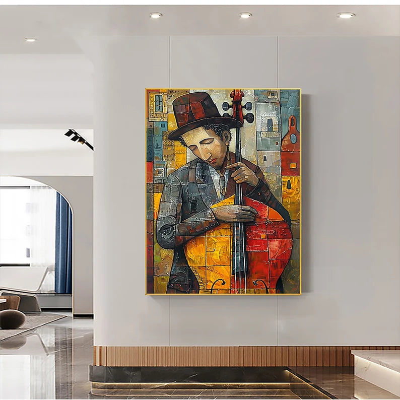 Abstract Jazz Musician Wall Art – Colorful Cellist Canvas Painting for Modern Living Room Decor