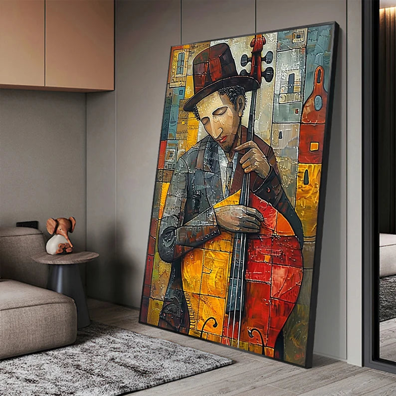 Abstract Jazz Musician Wall Art – Colorful Cellist Canvas Painting for Modern Living Room Decor