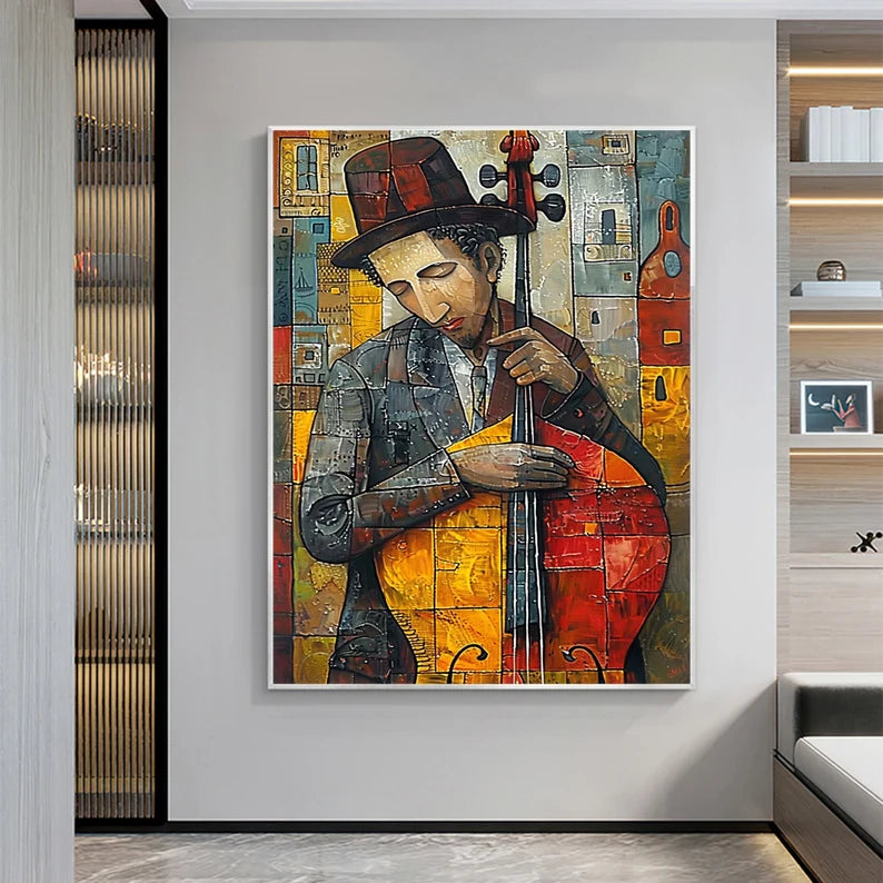 Abstract Jazz Musician Wall Art – Colorful Cellist Canvas Painting for Modern Living Room Decor
