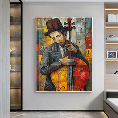 Abstract Jazz Musician Wall Art – Colorful Cellist Canvas Painting for Modern Living Room Decor