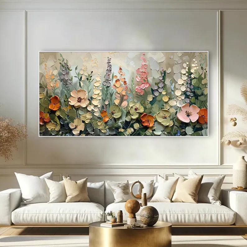 Large Modern Floral Garden Wall Art – Botanical Flower Canvas Painting for Bedroom Decor