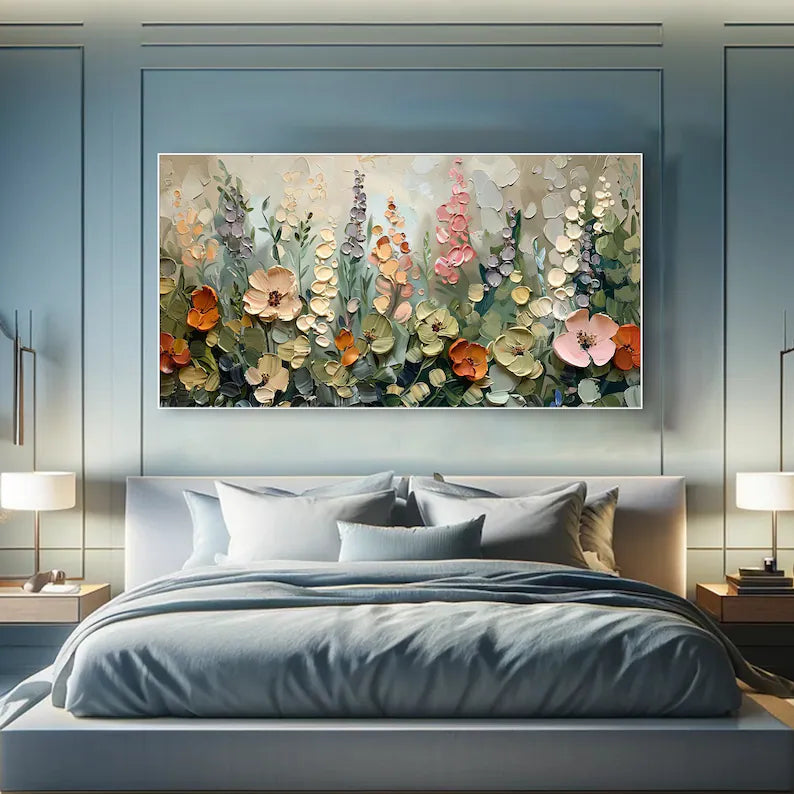 Large Modern Floral Garden Wall Art – Botanical Flower Canvas Painting for Bedroom Decor