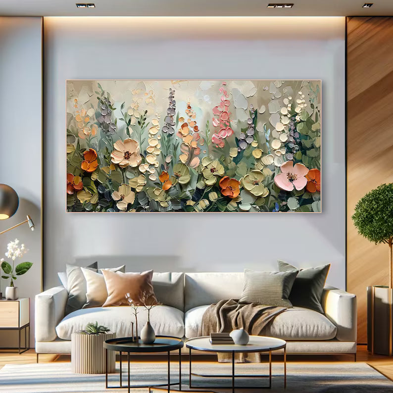 Large Modern Floral Garden Wall Art – Botanical Flower Canvas Painting for Bedroom Decor