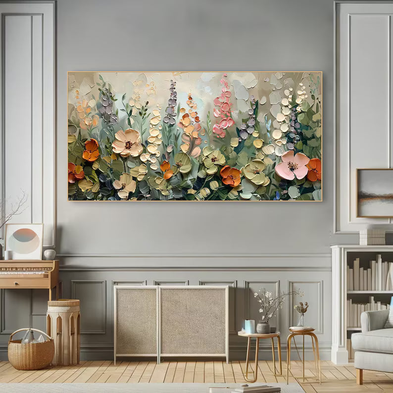Large Modern Floral Garden Wall Art – Botanical Flower Canvas Painting for Bedroom Decor