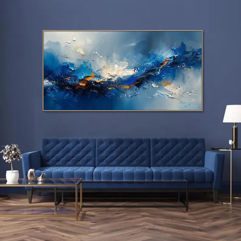 Large Blue Abstract Ocean Wave Wall Art – Modern Panoramic Canvas Painting for Living Room Decor