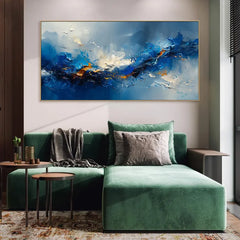 Large Blue Abstract Ocean Wave Wall Art – Modern Panoramic Canvas Painting for Living Room Decor