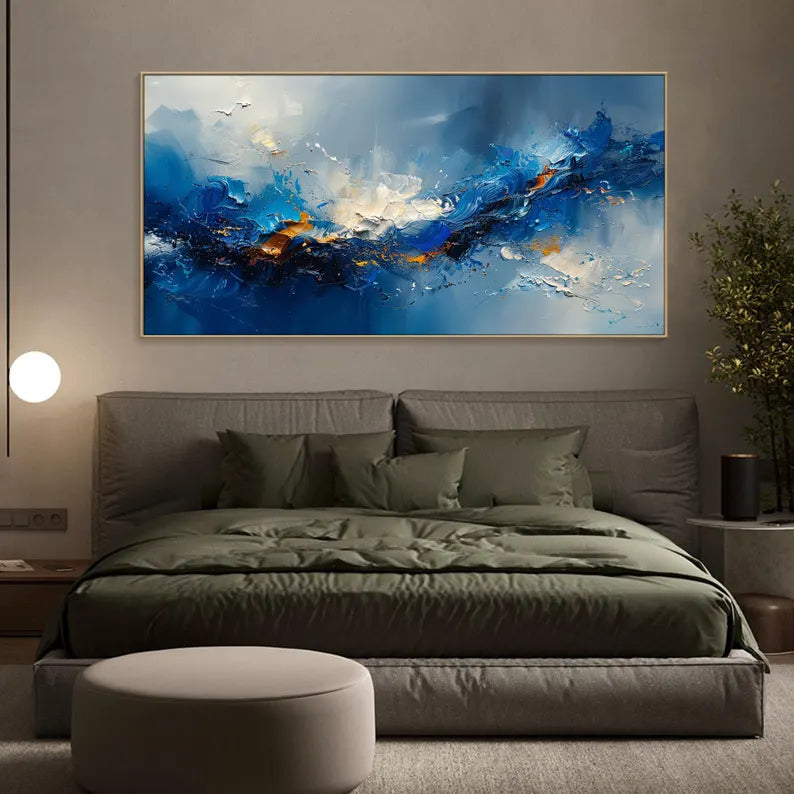 Large Blue Abstract Ocean Wave Wall Art – Modern Panoramic Canvas Painting for Living Room Decor