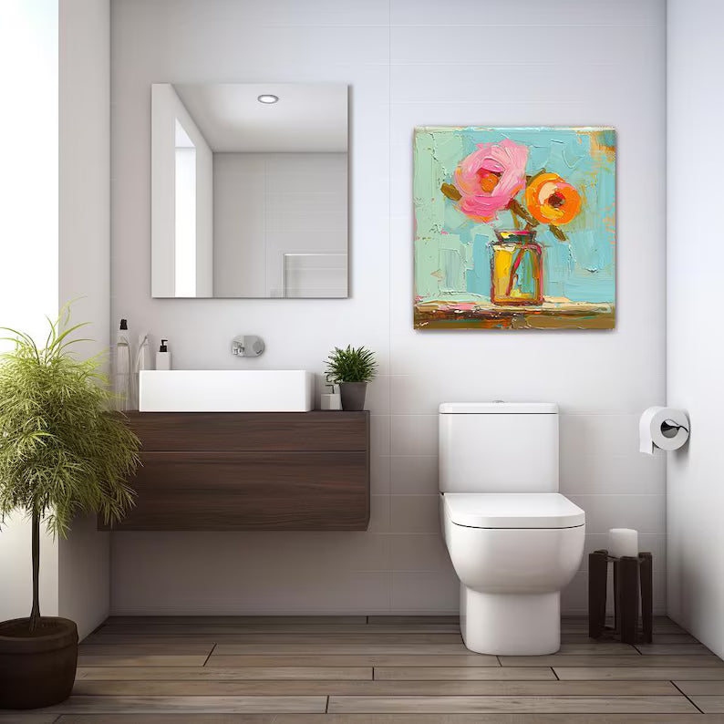 Colorful Floral Vase Wall Art – Textured Palette Knife Flower Oil Painting Canvas