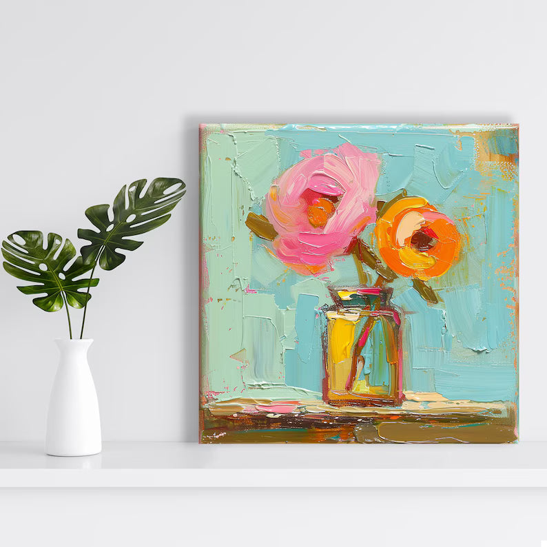 Colorful Floral Vase Wall Art – Textured Palette Knife Flower Oil Painting Canvas