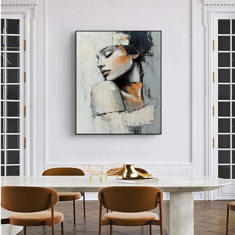 Textured Abstract Woman Portrait Wall Art – Modern Figurative Canvas Painting for Contemporary Living Room Decor