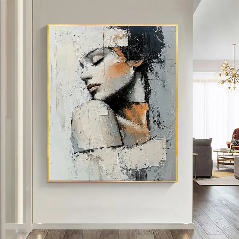 Textured Abstract Woman Portrait Wall Art – Modern Figurative Canvas Painting for Contemporary Living Room Decor