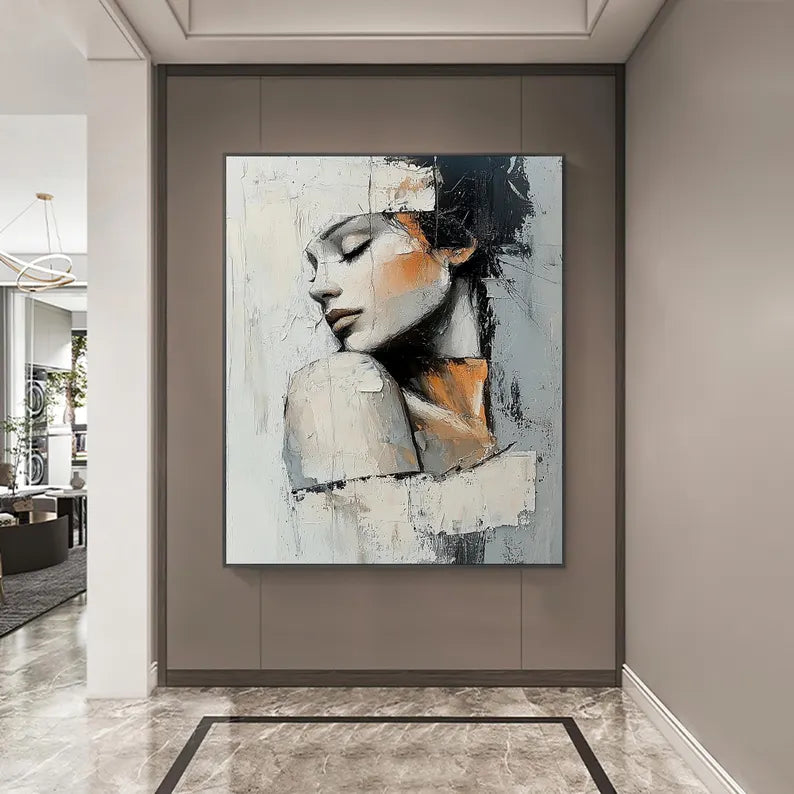 Textured Abstract Woman Portrait Wall Art – Modern Figurative Canvas Painting for Contemporary Living Room Decor