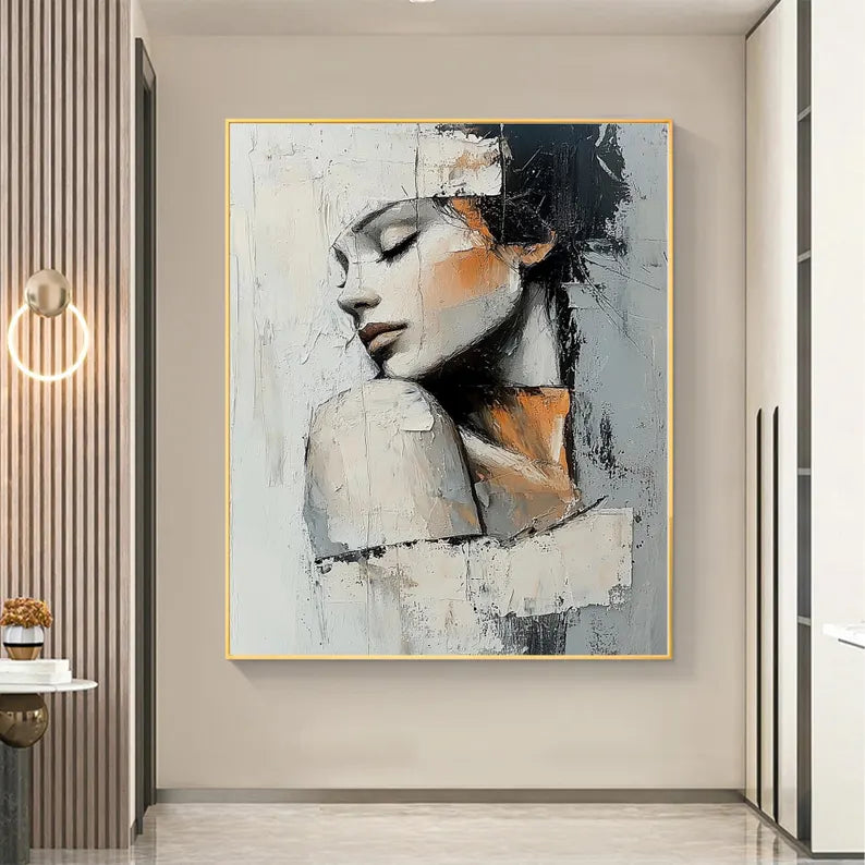 Textured Abstract Woman Portrait Wall Art – Modern Figurative Canvas Painting for Contemporary Living Room Decor