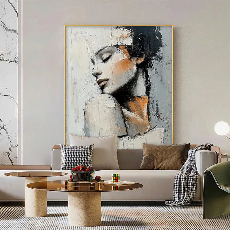 Textured Abstract Woman Portrait Wall Art – Modern Figurative Canvas Painting for Contemporary Living Room Decor