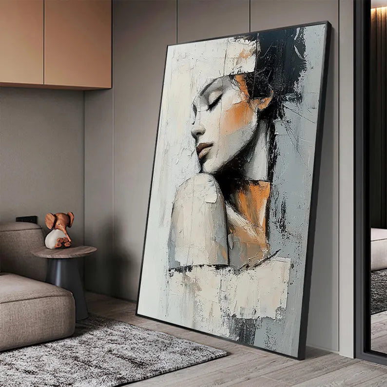 Textured Abstract Woman Portrait Wall Art – Modern Figurative Canvas Painting for Contemporary Living Room Decor