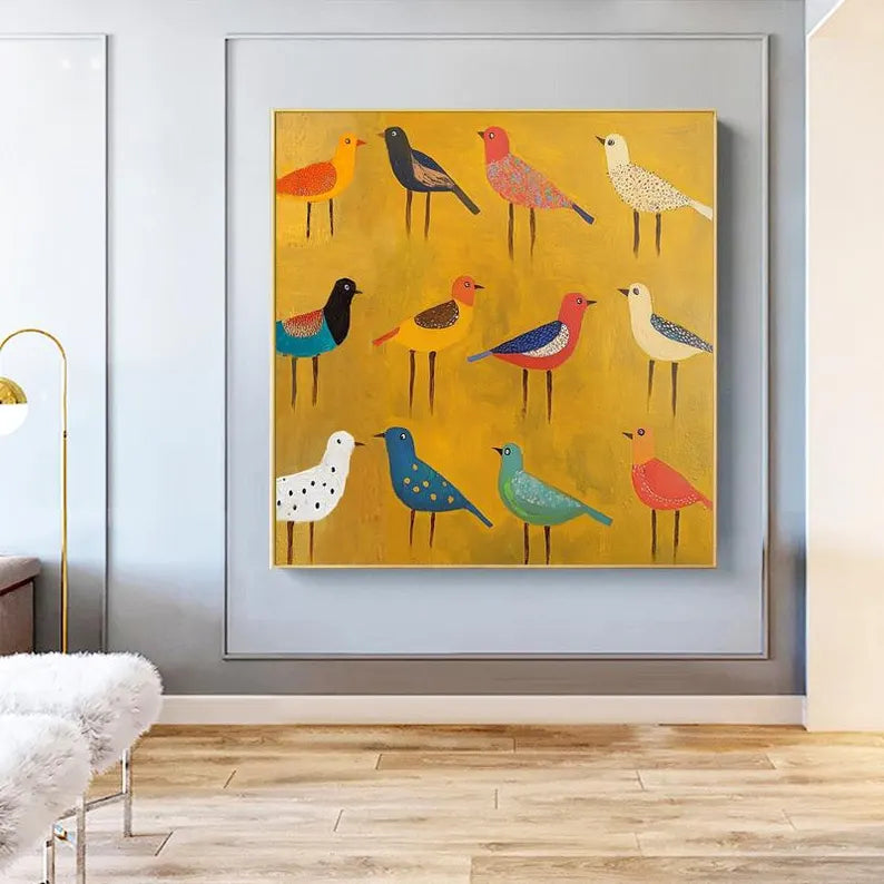Colorful Birds Wall Art – Modern Folk Style Bird Canvas Painting for Living Room Decor