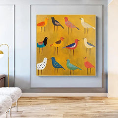 Colorful Birds Wall Art – Modern Folk Style Bird Canvas Painting for Living Room Decor
