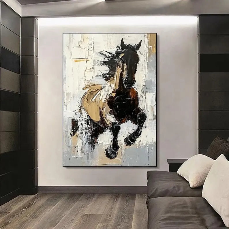 Running Horse Wall Art – Modern Abstract Equestrian Canvas Painting for Living Room Decor