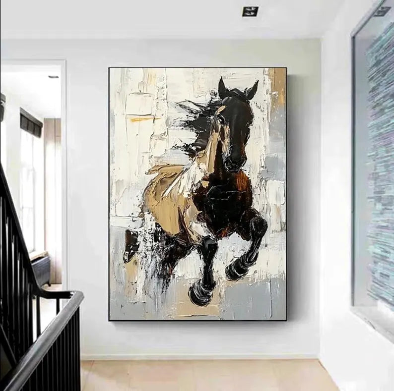Running Horse Wall Art – Modern Abstract Equestrian Canvas Painting for Living Room Decor