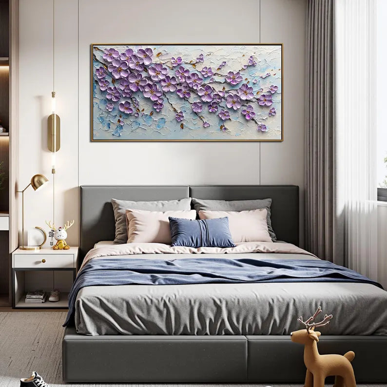 Large Purple Floral Textured Wall Art – Modern 3D Flower Canvas Painting for Living Room Decor