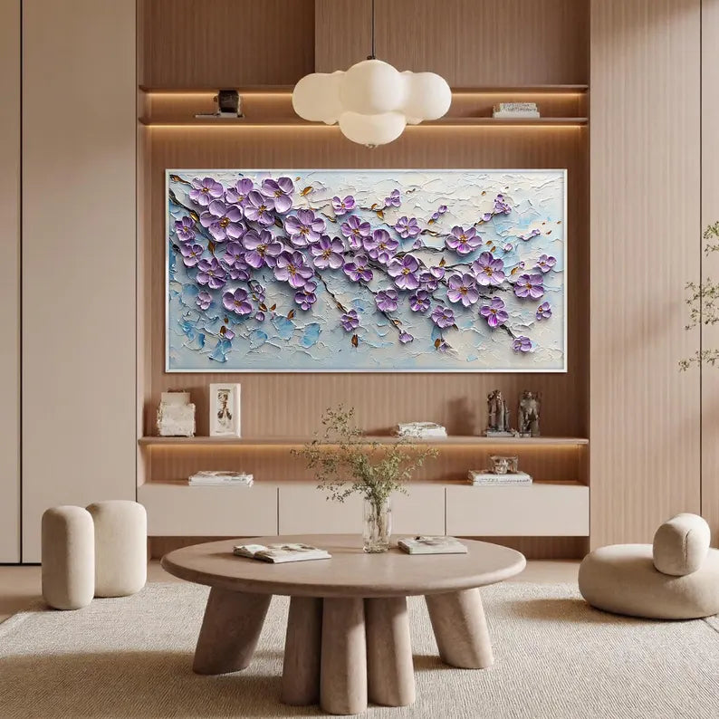 Large Purple Floral Textured Wall Art – Modern 3D Flower Canvas Painting for Living Room Decor