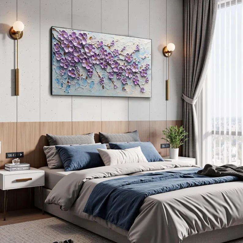 Large Purple Floral Textured Wall Art – Modern 3D Flower Canvas Painting for Living Room Decor