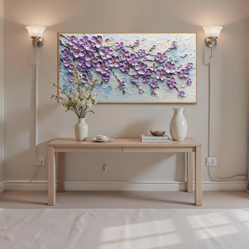 Large Purple Floral Textured Wall Art – Modern 3D Flower Canvas Painting for Living Room Decor