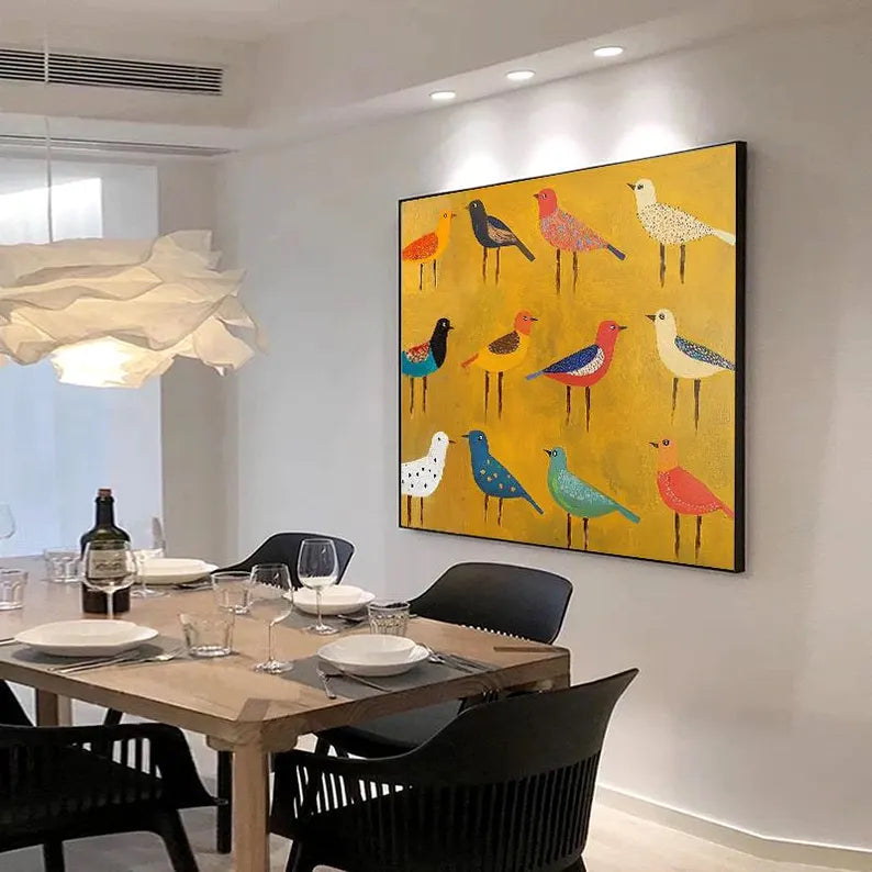 Colorful Birds Wall Art – Modern Folk Style Bird Canvas Painting for Living Room Decor
