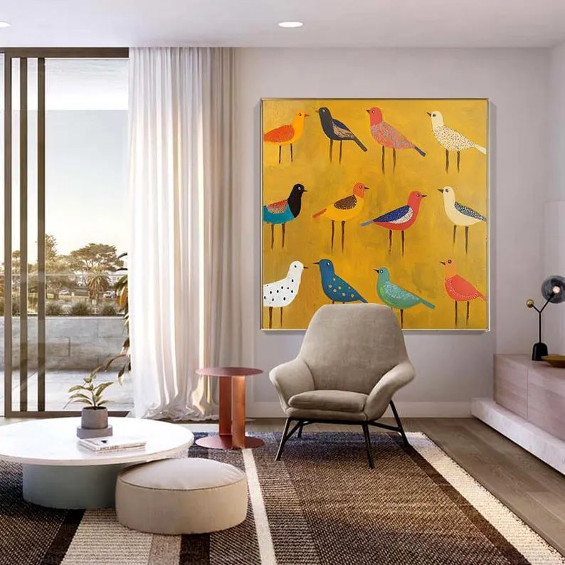 Colorful Birds Wall Art – Modern Folk Style Bird Canvas Painting for Living Room Decor