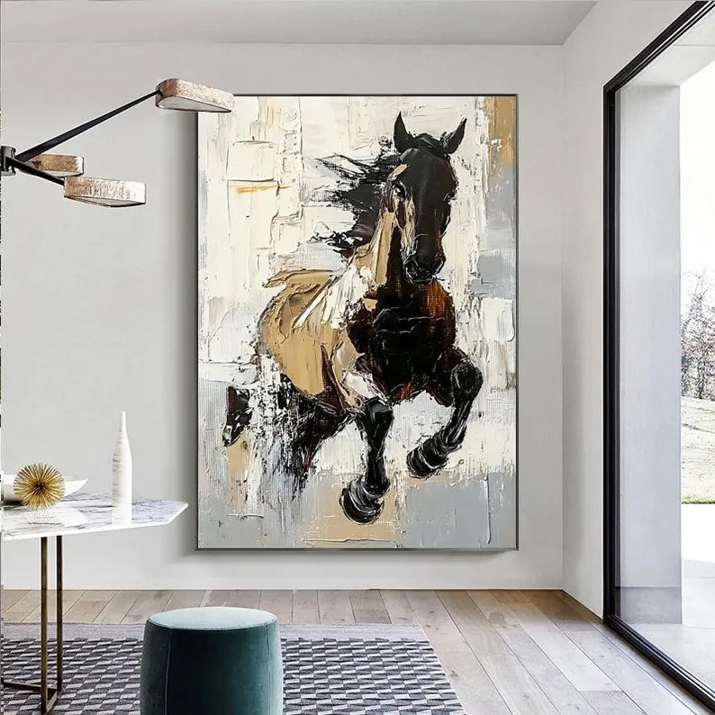 Running Horse Wall Art – Modern Abstract Equestrian Canvas Painting for Living Room Decor