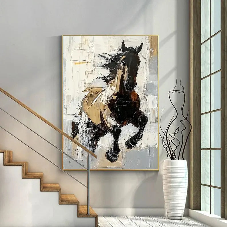 Running Horse Wall Art – Modern Abstract Equestrian Canvas Painting for Living Room Decor