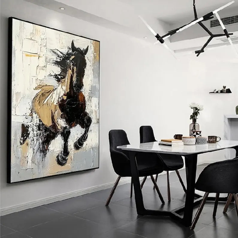 Running Horse Wall Art – Modern Abstract Equestrian Canvas Painting for Living Room Decor