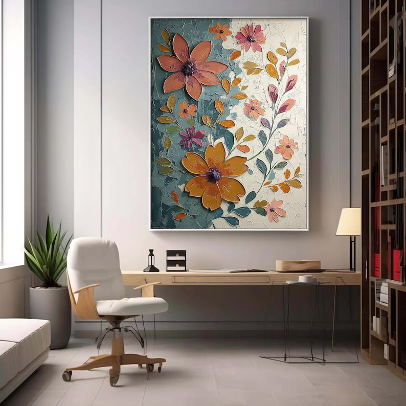 Large Colorful Floral Wall Art – Modern Botanical Canvas Painting for Living Room or Entryway Decor