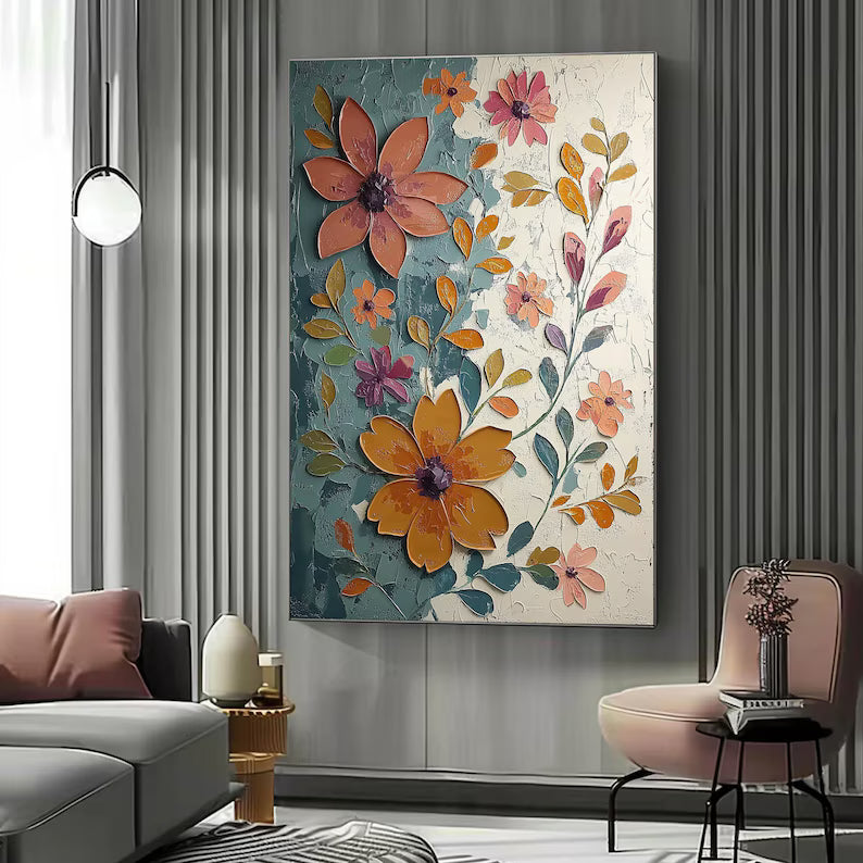 Large Colorful Floral Wall Art – Modern Botanical Canvas Painting for Living Room or Entryway Decor