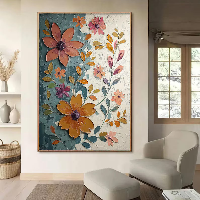 Large Colorful Floral Wall Art – Modern Botanical Canvas Painting for Living Room or Entryway Decor