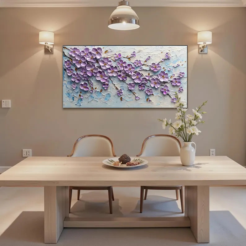 Large Purple Floral Textured Wall Art – Modern 3D Flower Canvas Painting for Living Room Decor