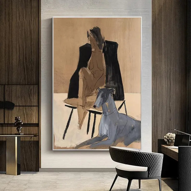 Large Contemporary Abstract Figure Wall Art – Modern Man with Dog Canvas Painting for Living Room